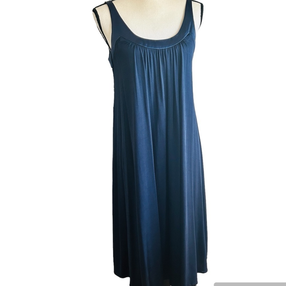 Anne Klein Dark Navy Flowy Cocktail Dress Ribbon Tie Back Scoop Neck Size 6